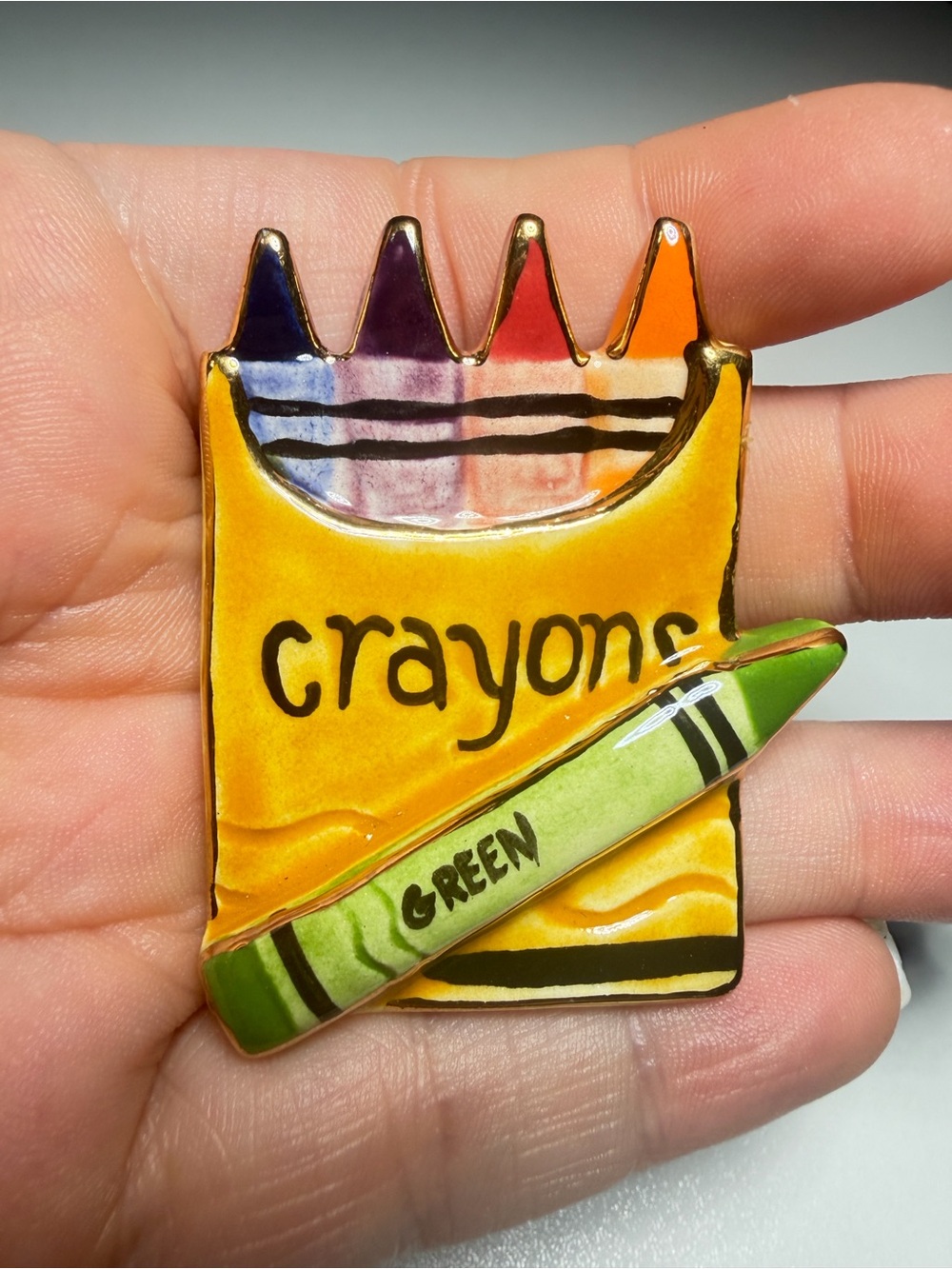Crayon Box Brooch Hand Painted Ceramic Handmade Pin 2 inches